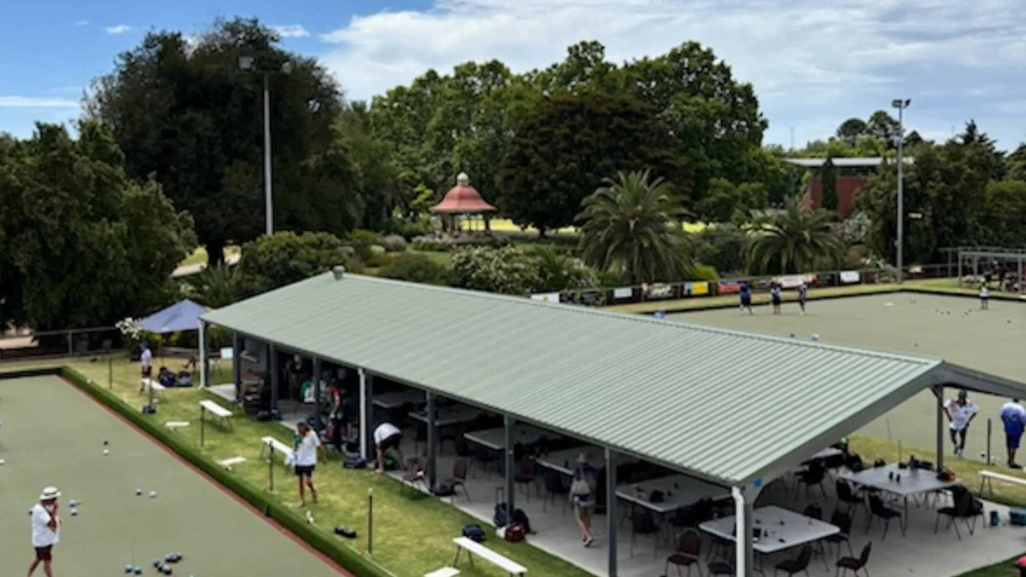 Benalla Bowls Club greens and covered pavilion seen from above
