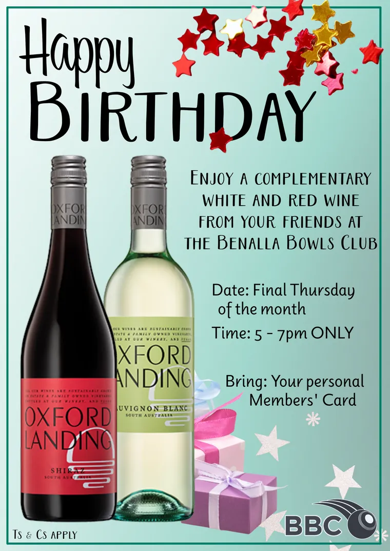 Happy birthday: a complimentary white and red wine for members